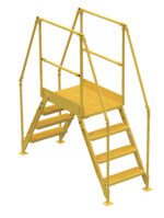 The Vestil Cross-Over Ladder 4 Step, 38-inch high and 14-inch wide, features a yellow metal platform with guardrails and steps on both sides, offering a sturdy and secure design for safe usage from either side.