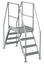 The Vestil Galvanized Cross-Over Ladder 79X82.15 In 4 Step features a metallic finish, robust steps, dual handrails, and a top platform. Ideal for industrial or construction use, it offers safety and durability in demanding settings.