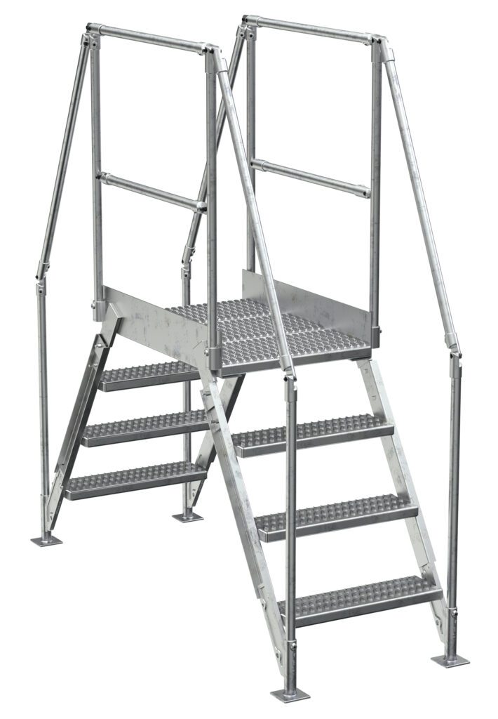 The Vestil Galvanized Cross-Over Ladder 79X82.15 In 4 Step features a metallic finish, robust steps, dual handrails, and a top platform. Ideal for industrial or construction use, it offers safety and durability in demanding settings.