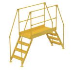 The Vestil Cross-Over Ladder 4 Step 38 H 50 W In features yellow metal stairs with railings and grated steps, offering a dual-step design to a sturdy platform for safe passage over obstacles in industrial settings.