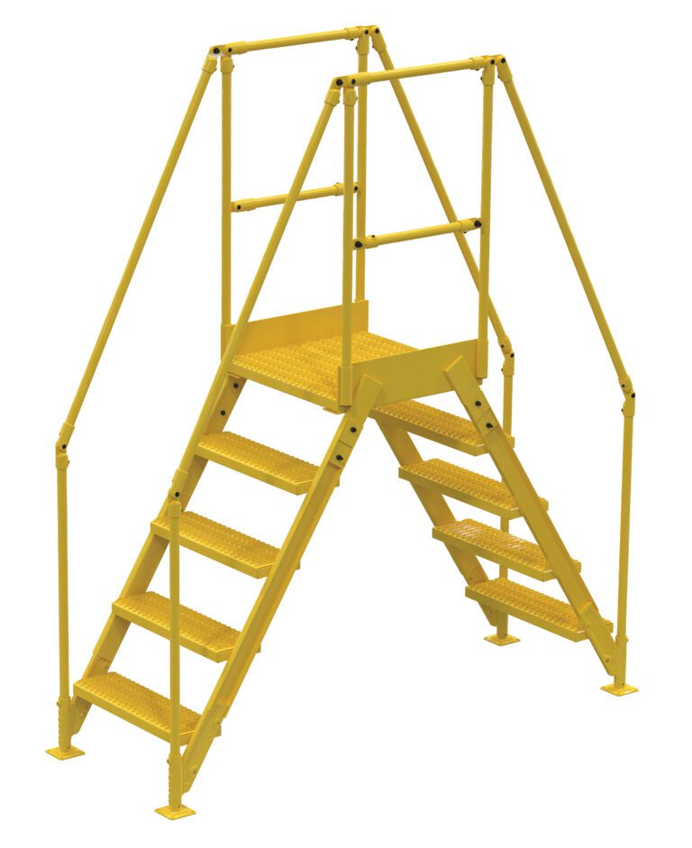 COL-5-46-14_A.jpg The Vestil Cross-Over Ladder 5 Step, in a yellow metal design with wide textured steps and dual handrails, provides secure access to elevated areas. Its symmetrically crafted for optimal safety, standing 48 inches high and 14 inches wide.
