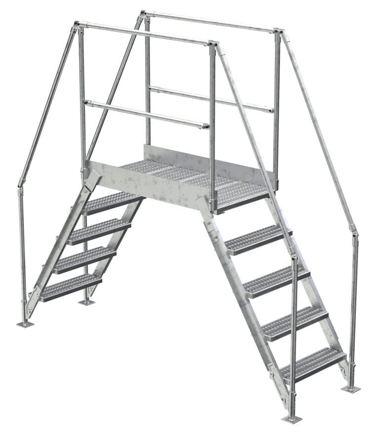COL-5-46-33-HDG_A.jpg The Vestil Galvanized Cross-Over Ladder 103.5X92.15In 5 Step features a gray metal design with handrails and anti-slip steps for safe navigation, offering five steps on each side that lead to a central platform, ideal for easy crossing over obstacles in industrial settings.