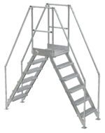 The Vestil Galvanized Cross-Over Ladder 92x102.5 In 6 Step offers a robust design with safety railings for industrial use, allowing workers to safely step over obstacles.