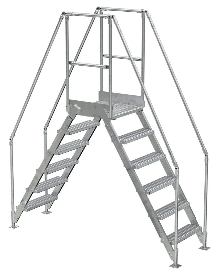 COL-6-56-14-HDG_A.jpg The Vestil Galvanized Cross-Over Ladder 92x102.5 In 6 Step offers a robust design with safety railings for industrial use, allowing workers to safely step over obstacles.