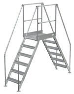 The Vestil Galvanized Cross-Over Ladder 104X102.5 In 6-Step includes a metal frame with double perforated steps leading to a secure platform, equipped with side and platform safety rails for enhanced protection.
