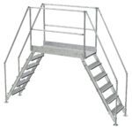 The Vestil Galvanized Cross-Over Ladder 128X102.5 In 6 Step features metal construction, dual staircases, perforated steps, and robust handrails for safe elevated access.