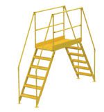 The Vestil Cross-Over Ladder 6 Step, measuring 58 high and 50 wide, features a yellow industrial design with non-slip platform and handrails. Its dual-sided stairs allow easy access over workplace obstacles, supported by a sturdy metal construction.