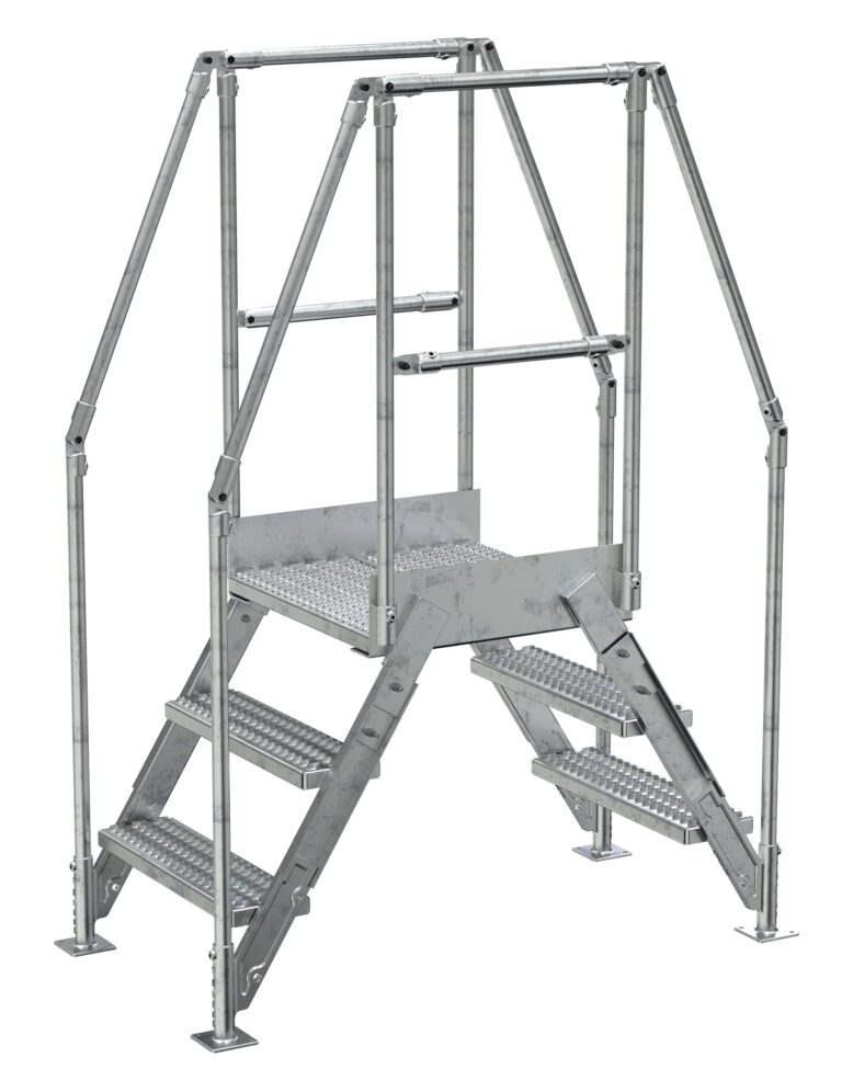 COL-AL-3-26-14_A.jpg The Vestil Aluminum Cross Over Ladder 14 Wide 3 Step includes a mid-level platform, safety railings, and dual-side stairs for easy access. Its sturdy frame ensures durability.