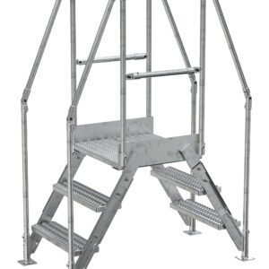The Vestil Aluminum Cross Over Ladder 14 Wide 3 Step includes a mid-level platform, safety railings, and dual-side stairs for easy access. Its sturdy frame ensures durability.