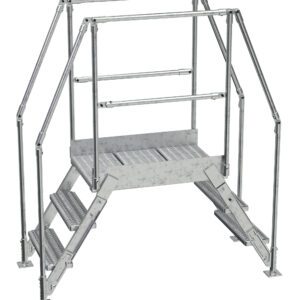 The Vestil Aluminum Cross Over Ladder 26 Wide 3 Step features an industrial platform with railings and sturdy, textured steps for safe access to elevated areas, ensuring a reliable grip.