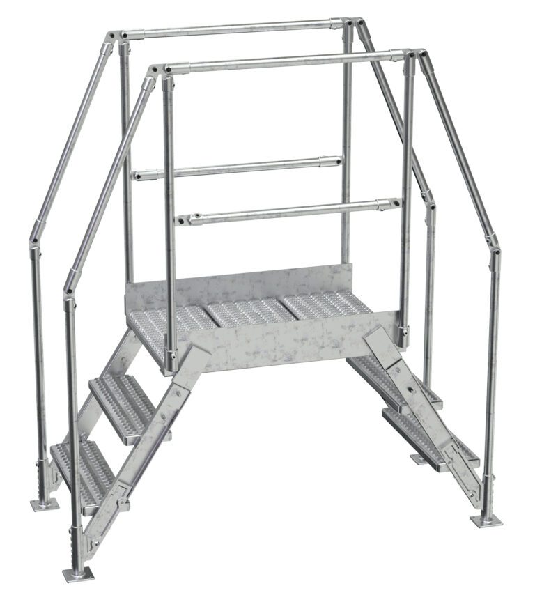 The Vestil Aluminum Cross Over Ladder 26 Wide 3 Step features an industrial platform with railings and sturdy, textured steps for safe access to elevated areas, ensuring a reliable grip.