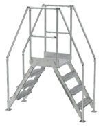 The Vestil Aluminum Cross Over Ladder 14 Wide 4 Step features railings and two short flights of stairs leading to a central platform, ensuring safe passage over obstacles in industrial or construction settings.