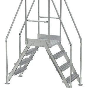 The Vestil Aluminum Cross Over Ladder 14 Wide 4 Step features railings and two short flights of stairs leading to a central platform, ensuring safe passage over obstacles in industrial or construction settings.