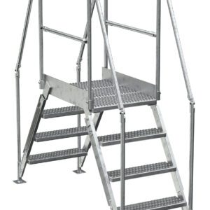 The Vestil Aluminum Cross Over Ladder 26 Wide 4 Step features a sturdy silver metal build designed for industrial use, with robust railings on both sides and a rugged texture for stability.