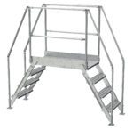 The Vestil Aluminum Cross Over Ladder 38 Wide 4 Step features handrails and steps on both sides, leading to a gray platform. This durable, functional ladder ensures safe passage over obstacles or equipment.