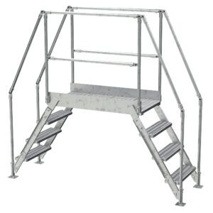 The Vestil Aluminum Cross Over Ladder 38 Wide 4 Step features handrails and steps on both sides, leading to a gray platform. This durable, functional ladder ensures safe passage over obstacles or equipment.
