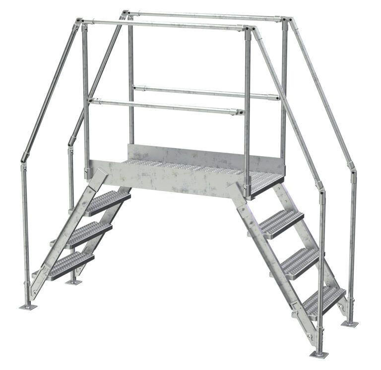The Vestil Aluminum Cross Over Ladder 38 Wide 4 Step features handrails and steps on both sides, leading to a gray platform. This durable, functional ladder ensures safe passage over obstacles or equipment.