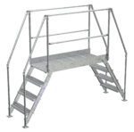 The Vestil Aluminum Cross Over Ladder 50 Wide 4 Step features dual-side stairs, a grated platform, and handrails for safety. Designed for industrial use, it is made from durable galvanized steel to securely cross obstacles.