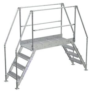 The Vestil Aluminum Cross Over Ladder 50 Wide 4 Step features dual-side stairs, a grated platform, and handrails for safety. Designed for industrial use, it is made from durable galvanized steel to securely cross obstacles.