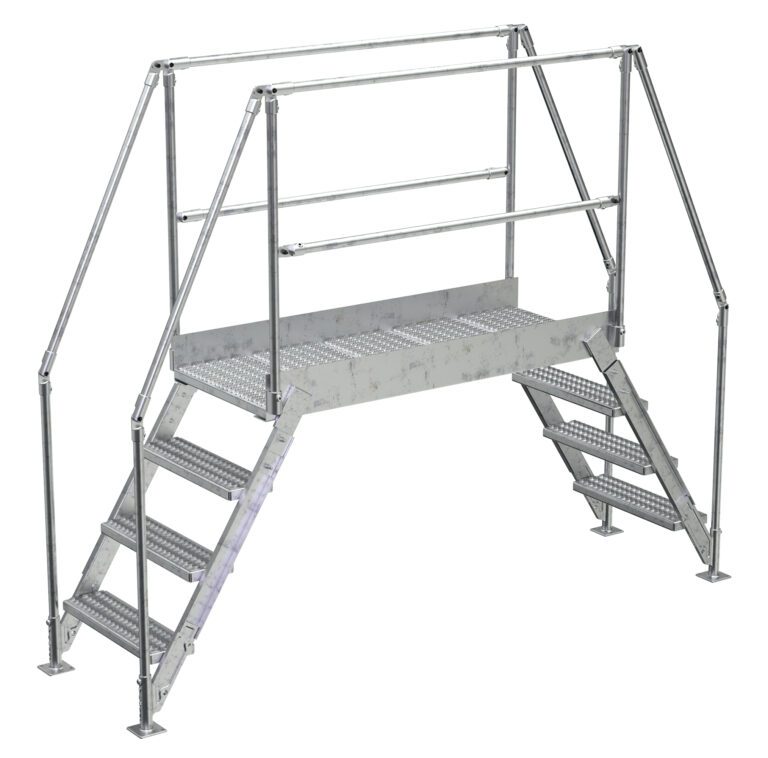 The Vestil Aluminum Cross Over Ladder 50 Wide 4 Step features dual-side stairs, a grated platform, and handrails for safety. Designed for industrial use, it is made from durable galvanized steel to securely cross obstacles.