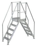 The Vestil Aluminum Cross Over Ladder, 14 wide with 5 steps, features a central platform and dual-sided handrails for secure traversal over obstacles, ensuring safe passage in industrial settings.