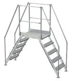 The Vestil Aluminum Cross Over Ladder 26 Wide 5 Step is a freestanding structure featuring a metal platform connected by railings, with two sets of stairs. Each stairway has five textured steps for grip, elevating the platform safely above ground level.
