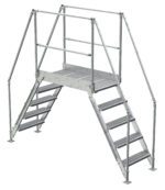 The Vestil Aluminum Cross Over Ladder 38 Wide Step features dual handrails and staircases on both sides. It provides a sturdy solution for safe passage over obstacles, perfect for industrial or construction use.