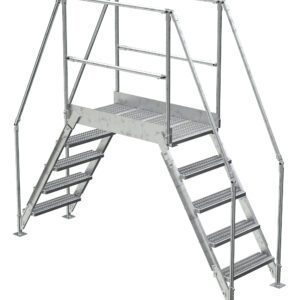 The Vestil Aluminum Cross Over Ladder 38 Wide Step features dual handrails and staircases on both sides. It provides a sturdy solution for safe passage over obstacles, perfect for industrial or construction use.