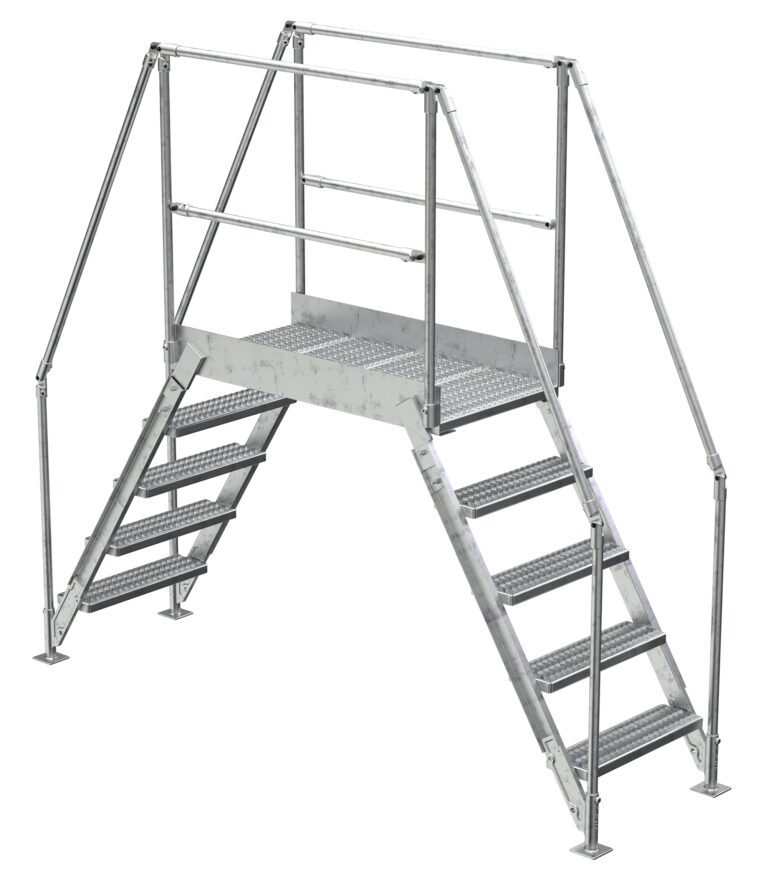COL-AL-5-46-33_A.jpg The Vestil Aluminum Cross Over Ladder 38 Wide Step features dual handrails and staircases on both sides. It provides a sturdy solution for safe passage over obstacles, perfect for industrial or construction use.