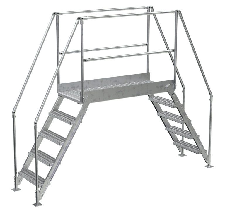 COL-AL-5-46-44_A.jpg The Vestil Aluminum Cross Over Ladder 50 Wide 5 Step features handrails and provides a secure, durable path over obstacles in industrial settings, with five steps on each side leading to a central platform.