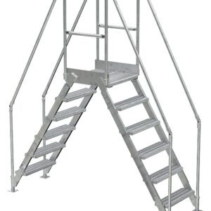 The Vestil Aluminum Cross Over Ladder 14 Wide 6 Step is a rugged metal stair unit with two sets of stairs meeting at a center platform. Featuring sturdy handrails on both sides, this unit provides stability and allows access from either direction with its textured steps.