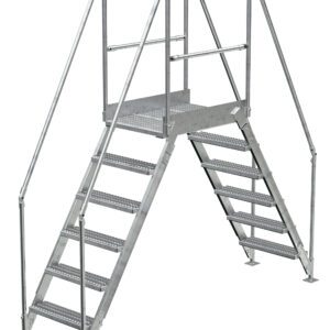 The Vestil Aluminum Cross Over Ladder 26 Wide 6 Step offers a safe and reliable way to navigate over obstacles with its design that includes railings and a raised platform.