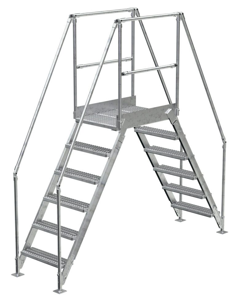 The Vestil Aluminum Cross Over Ladder 26 Wide 6 Step offers a safe and reliable way to navigate over obstacles with its design that includes railings and a raised platform.