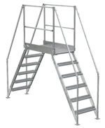 The Vestil Aluminum Cross Over Ladder 38 Wide 6 Step has an industrial design with railings, dual steps leading to a grated platform, ensuring secure passage over obstacles.