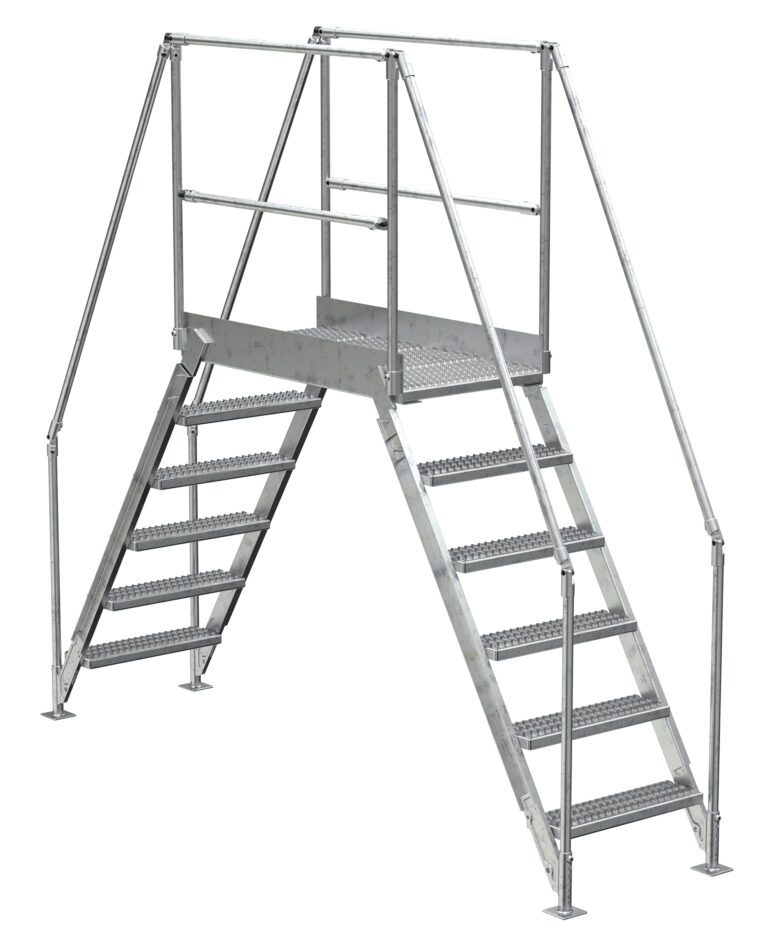 The Vestil Aluminum Cross Over Ladder 38 Wide 6 Step has an industrial design with railings, dual steps leading to a grated platform, ensuring secure passage over obstacles.