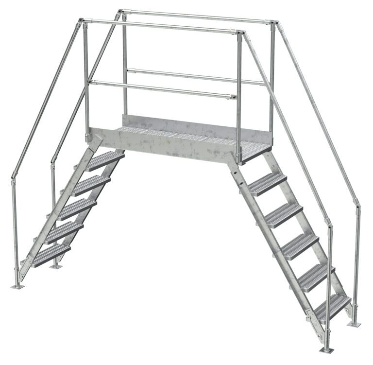 The Vestil Aluminum Cross Over Ladder 50 Wide 6 Step features dual staircases, a grated surface, handrails for safety, and durable aluminum construction for easy obstacle navigation.