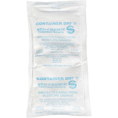 COND10.jpg Two white Container Dri® II packets by Süd-Chemie, each sized 10 x 5 3/4 x 1, come in individual bags (32/Case) to protect cargo from moisture, with contact info and usage instructions included.