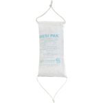 A MH-USA 4 3/4 x 9 1/2 x 1 1/2 string-sewn Desi Pak desiccant bag with printed text hangs by a string, displaying product details and the manufacturers logo (150 per drum).