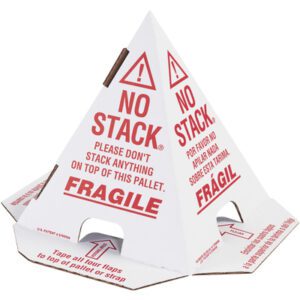 The MH-USA White with Red Print Pallet Cones, labeled No Stack and Fragile in English, French, and Spanish, have triangular flaps with insertion points to prevent stacking.