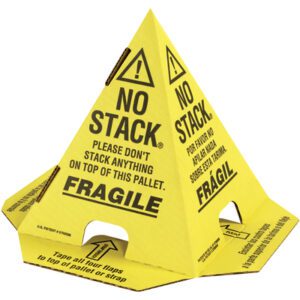 The MH-USA Yellow with Black Print Pallet Cones (50/Case) feature a yellow cardboard pyramid with bold black text reading NO STACK and FRAGILE in English, plus warnings in French and Spanish. They include multilingual symbols advising against stacking items on the pallet for product protection.