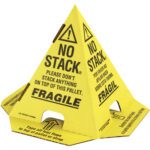 The MH-USA Yellow with Black Print Pallet Cone features bold black text, NO STACK and FRAGILE, in English, French, and Spanish. It includes caution symbols and placement instructions, ideal for securing up to 100 cases.