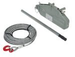 The Vestil Long Reach Cable Puller 3000 Lb features a steel winch cable coil and red hook, alongside a grey rectangular hoist with levers, chain, and metal handle for smooth manual operation.