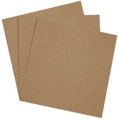 CP1010.jpg Three sheets of brown sandpaper, with a texture akin to MH-USA 10 x 10 Chipboard Pads, overlap and angle slightly left on a white background, showcasing their textured and rough surface.