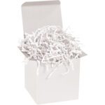 An open gift box filled with 10 lbs of MH-USA White Crinkle Paper sits elegantly on a white background, its simple exterior enhanced by the delicate texture of the crinkled paper inside.