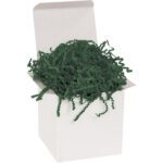 An open white cardboard box reveals MH-USA 10 lb. Forest Green Crinkle Paper nestled inside, adding vibrant elegance to the plain white backdrop.
