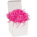 A white box slightly overflows with MH-USA 10 lb. Pink Crinkle Paper, creating a striking visual contrast with its vibrant pink hues against the pristine background.