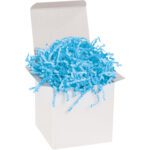 Open gift box filled with blue shredded MH-USA 10 lb. Sky Blue Crinkle Paper, with the lid propped open.