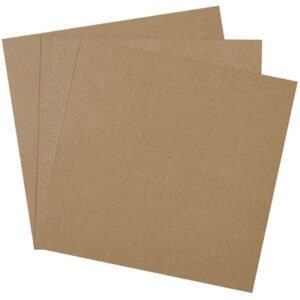 Three brown square sheets of medium-density fiberboard are slightly askew on a white background, showing a smooth texture ideal for crafting and construction, similar to the MH-USA 14 x 14 Chipboard Pads (460 Pads/Case) available in bulk.