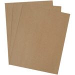Three brown MH-USA 40 x 48 Chipboard Pads (500 Pads/Case) are stacked in a slightly fanned-out arrangement, each partially overlapping with smooth texture and straight edges against a plain white background.