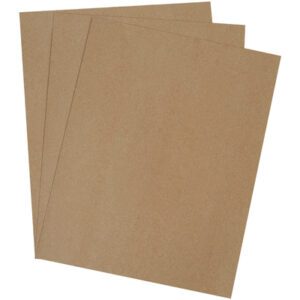 Three overlapping MH-USA 40 x 48 Extra Heavy Duty Chipboard Pads (250 Pads/Case) are displayed against a white background. The brown pads have a smooth texture and uniform color, emphasizing their slim and flat design, ideal for crafting or building projects.